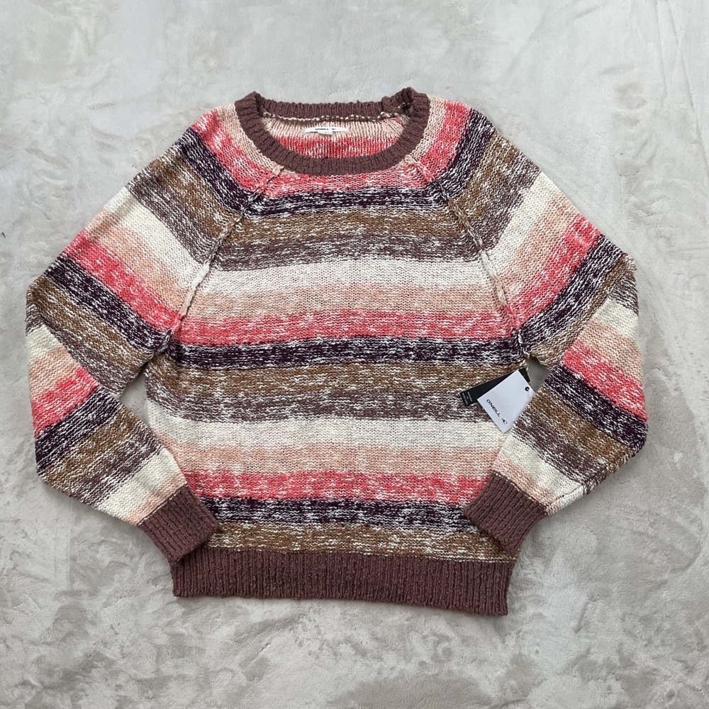 ONeill Good Days Striped Knit Sweater Womens Large Camel Multi HO2417003 NEW